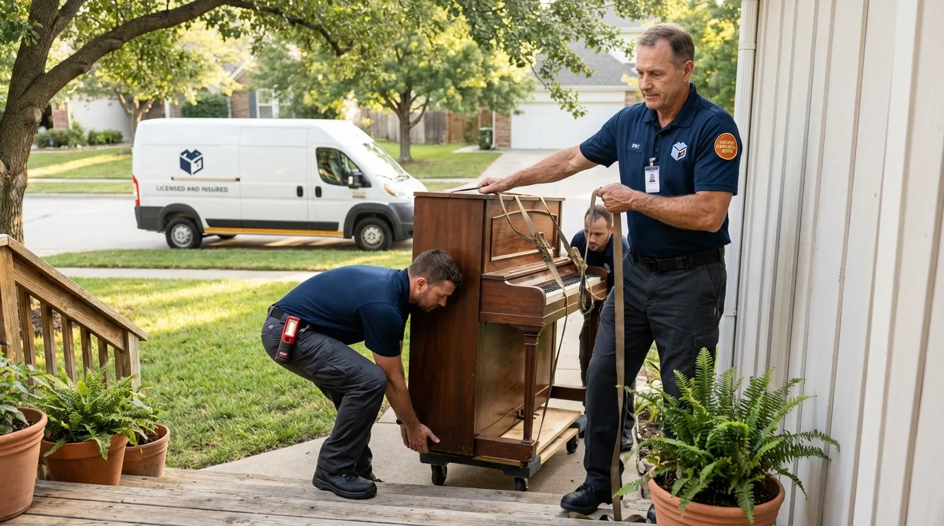 Licensed piano movers securing grand piano in Harvard, MA