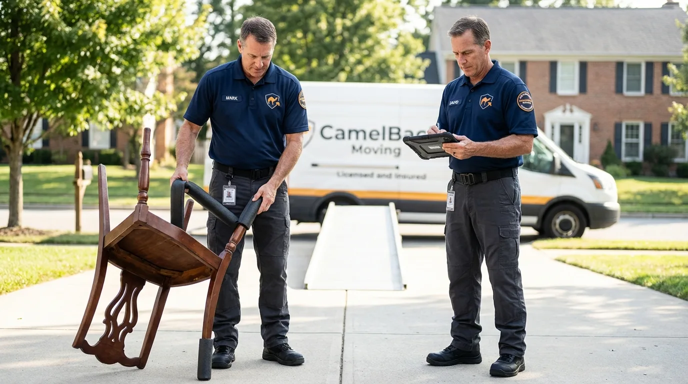 Movers inspecting furniture for damage prevention before loading in Harvard, MA