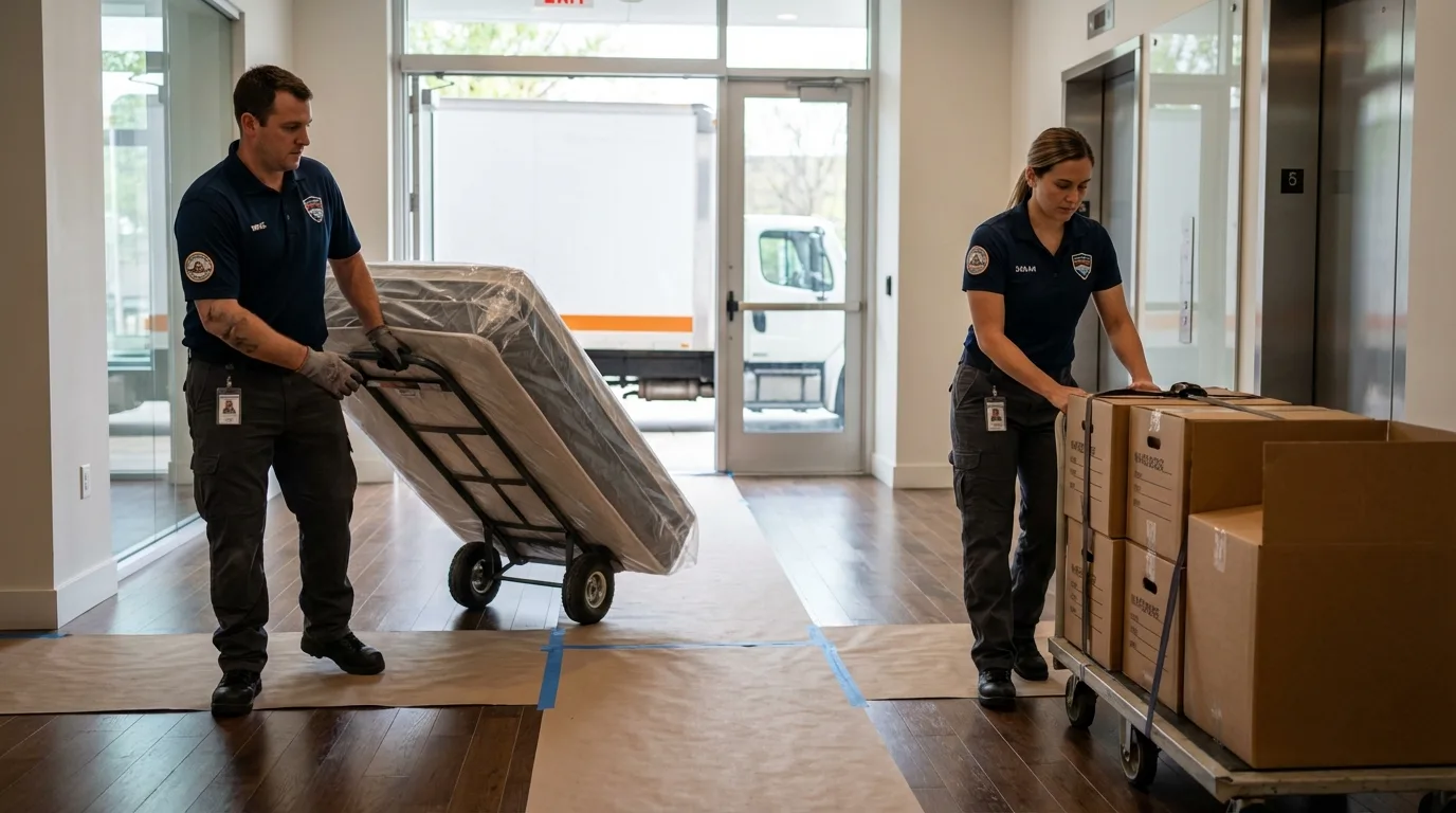 Professional apartment movers loading elevator in Harvard, MA