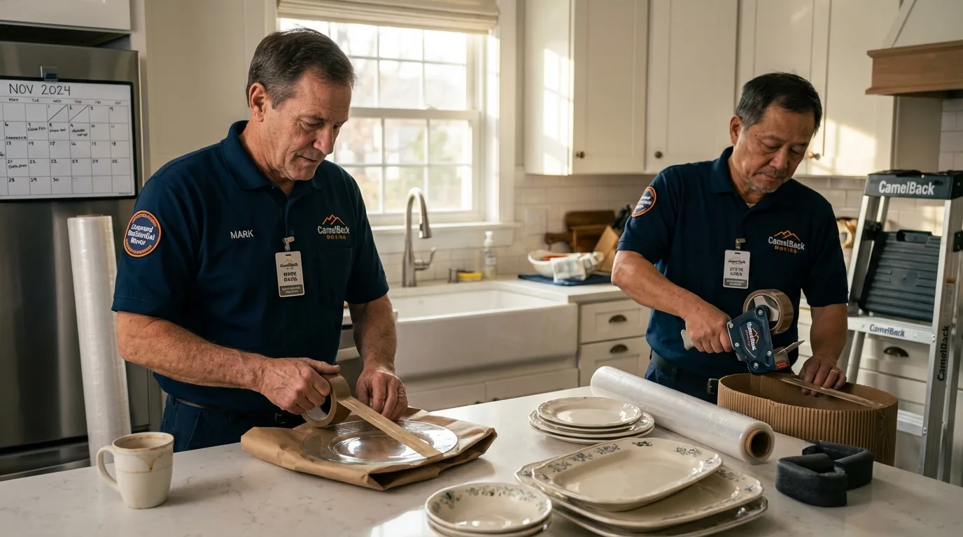 Professional crew packing kitchen dishware in Harvard, MA